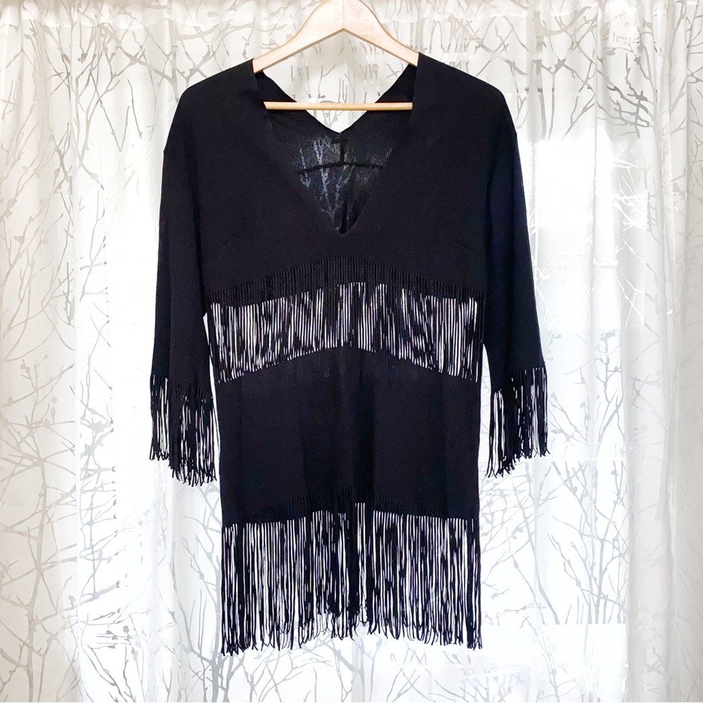 Beach bunny swimwear black fringe haute summer tunic swimsuit v-neck dress top - Picture 4 of 7